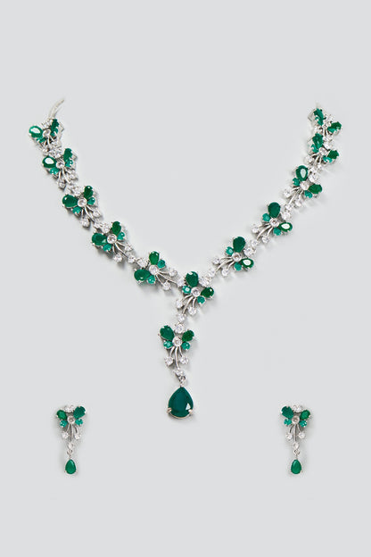 White Finish Zircon & Synthetic Emerald Stone Necklace Set