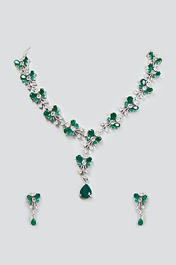 White Finish Zircon & Synthetic Emerald Stone Necklace Set