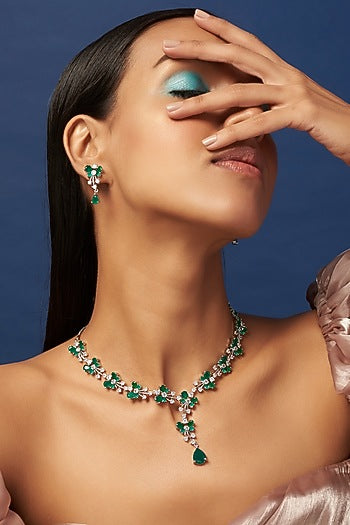 White Finish Zircon & Synthetic Emerald Stone Necklace Set