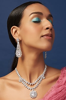 White Finish Faux Diamond Layered Necklace Set
