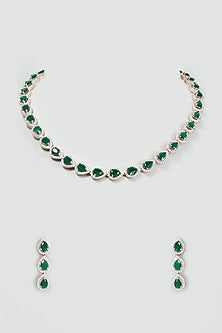 Rose Gold Finish Faux Diamond & Synthetic Emerald Stone Necklace Set