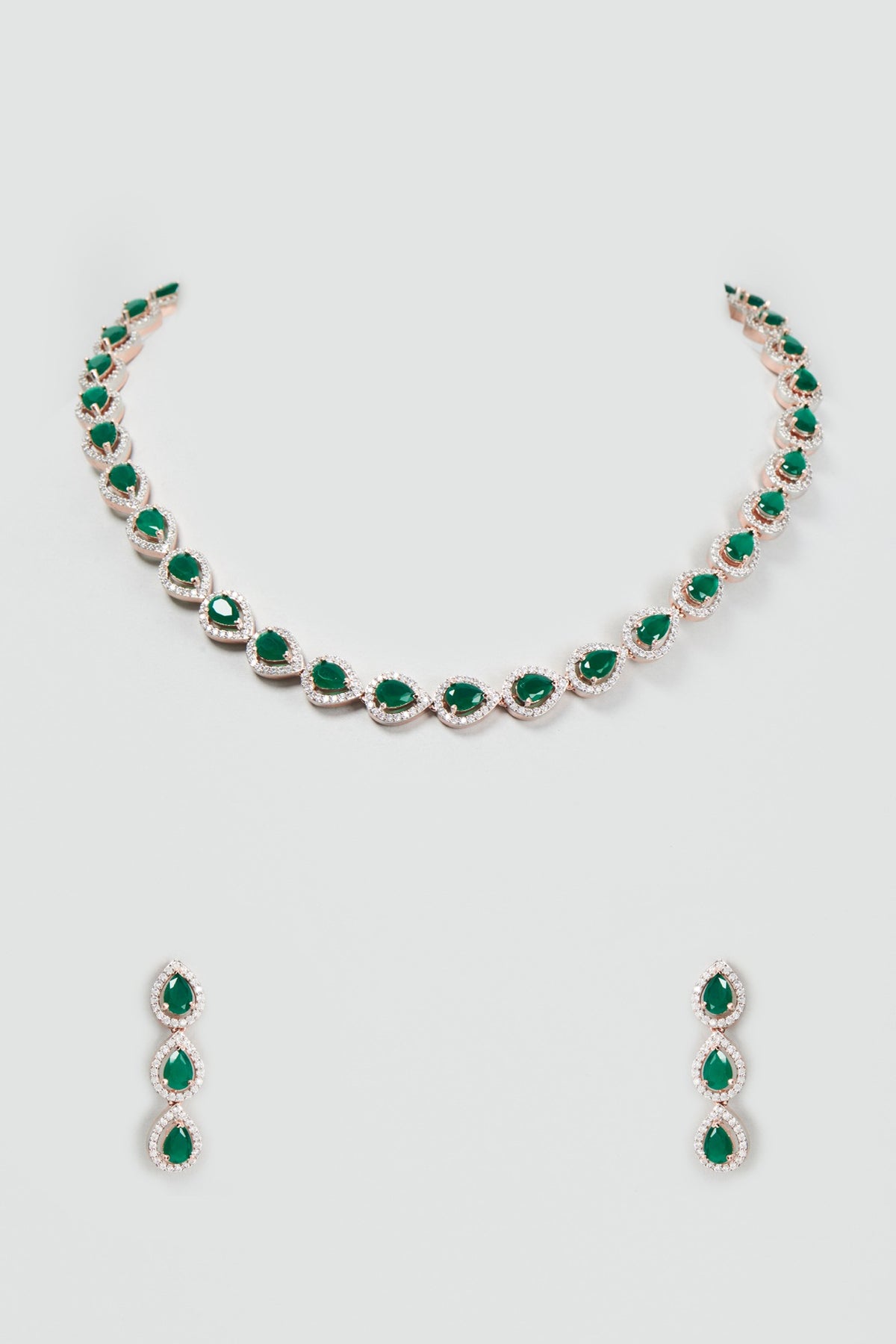 Rose Gold Finish Faux Diamond & Synthetic Emerald Stone Necklace Set