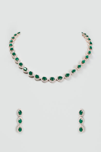 Rose Gold Finish Faux Diamond & Synthetic Emerald Stone Necklace Set