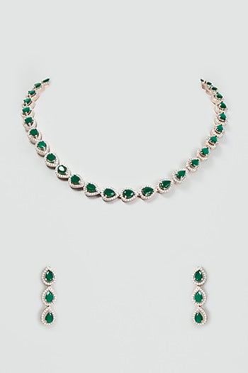 Rose Gold Finish Faux Diamond & Synthetic Emerald Stone Necklace Set