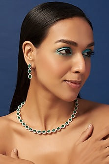 Rose Gold Finish Faux Diamond & Synthetic Emerald Stone Necklace Set
