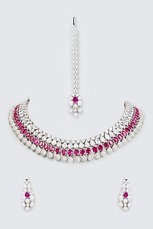 White Finish Faux Diamond & Synthetic Ruby Stone Necklace Set