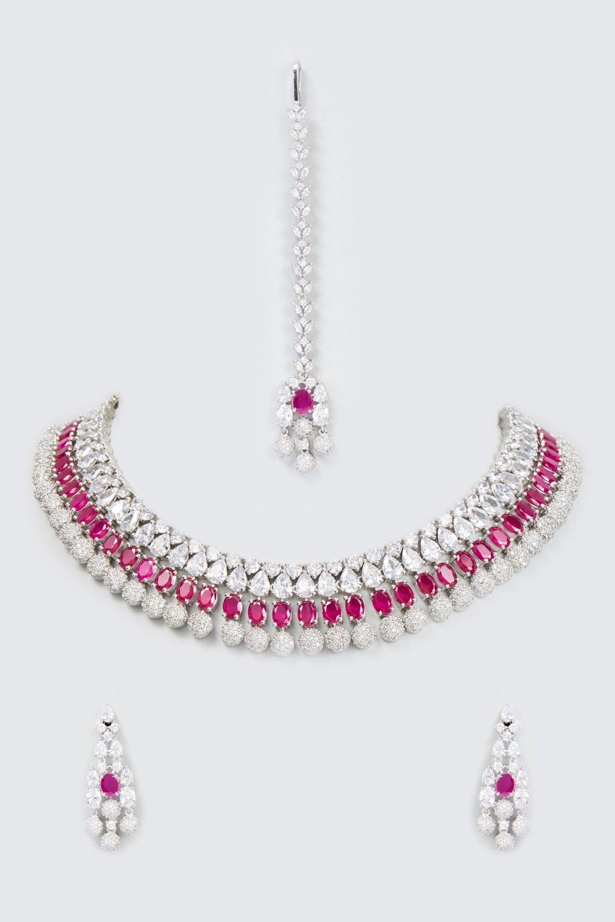 White Finish Faux Diamond & Synthetic Ruby Stone Necklace Set
