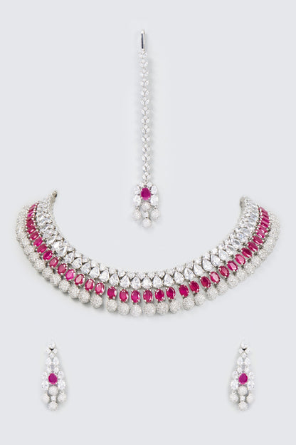 White Finish Faux Diamond & Synthetic Ruby Stone Necklace Set