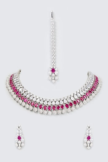 White Finish Faux Diamond & Synthetic Ruby Stone Necklace Set
