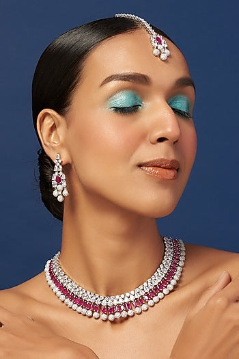White Finish Faux Diamond & Synthetic Ruby Stone Necklace Set