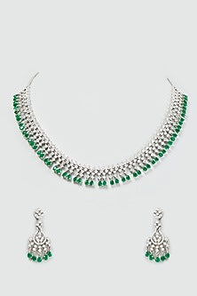 White Finish Faux Diamond & Synthetic Emerald Stone Necklace Set