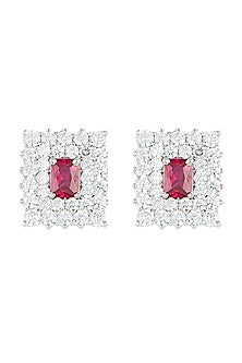 Silver plated faux ruby and diamond stud earrings