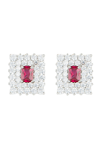 Silver plated faux ruby and diamond stud earrings
