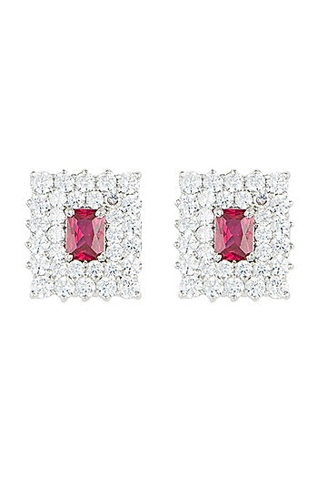 Silver plated faux ruby and diamond stud earrings