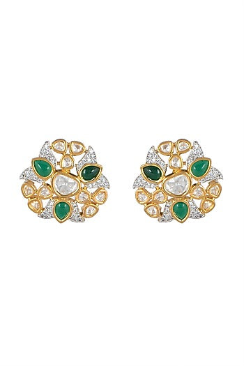 Gold Finish Green Stone Stud Earrings