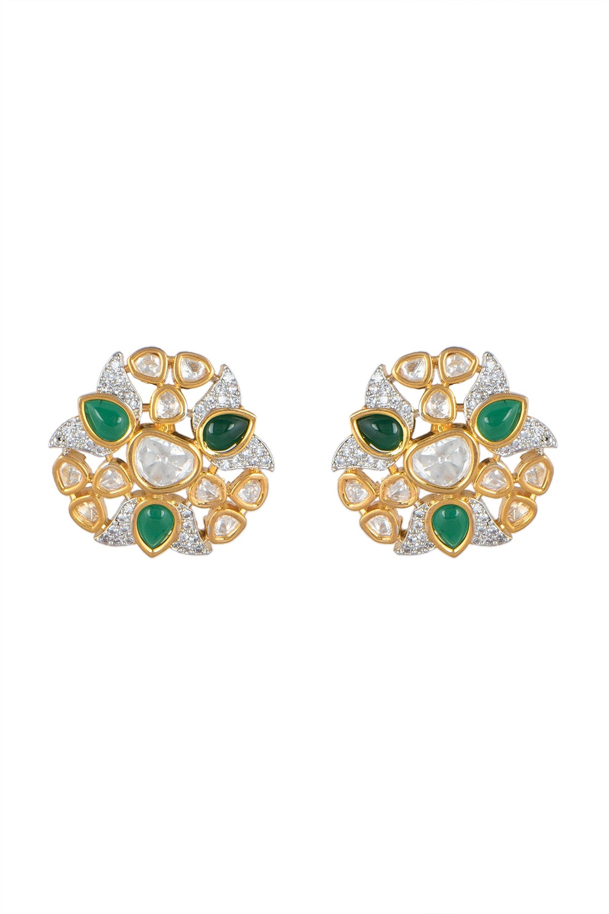 Gold Finish Green Stone Stud Earrings