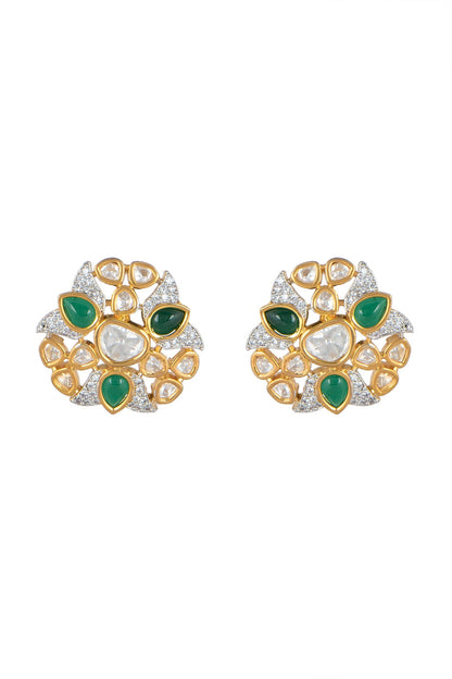 Gold Finish Green Stone Stud Earrings