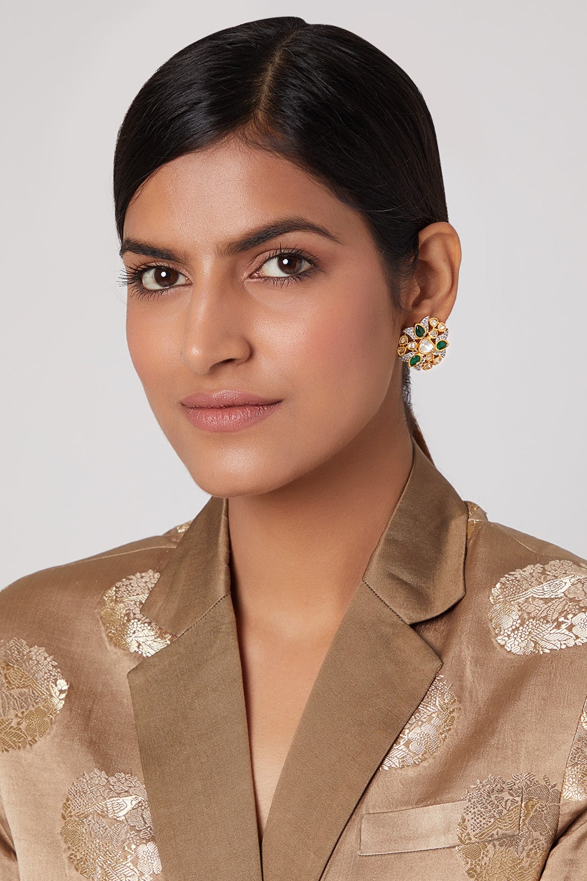 Gold Finish Green Stone Stud Earrings