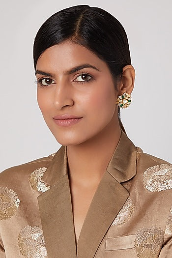 Gold Finish Green Stone Stud Earrings
