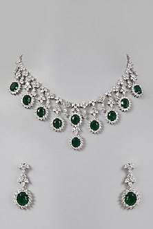 White Finish Green Stone & Diamond Necklace Set