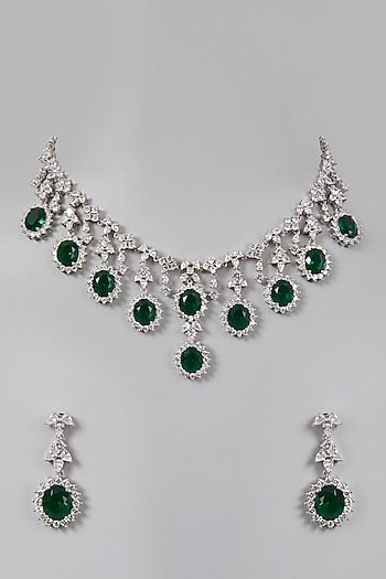 White Finish Green Stone & Diamond Necklace Set