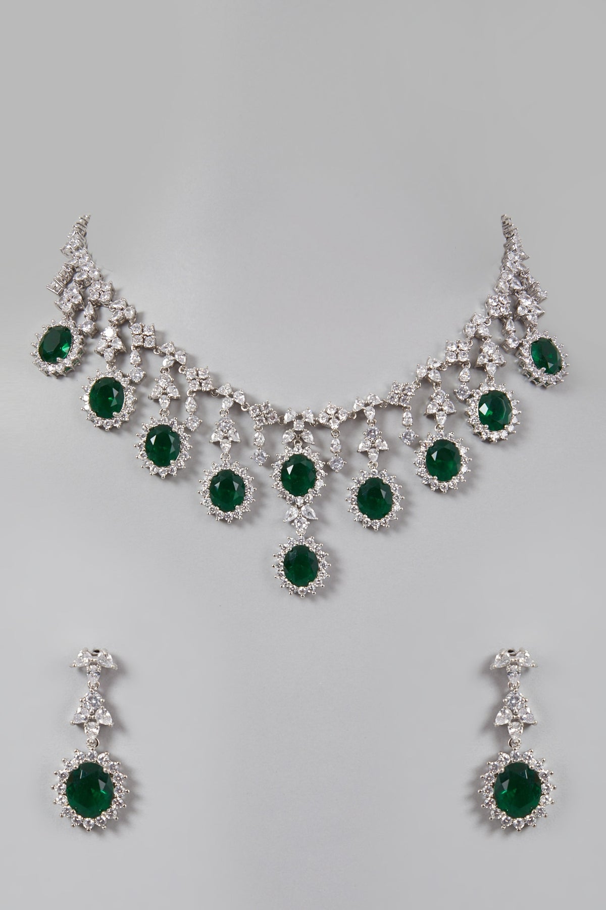 White Finish Green Stone & Diamond Necklace Set