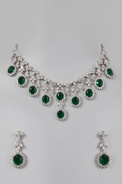 White Finish Green Stone & Diamond Necklace Set