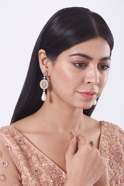 White Finish Zircon & Pearl Earrings