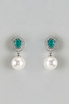 White Finish Zircon & Emerald Stone Dangler Earrings