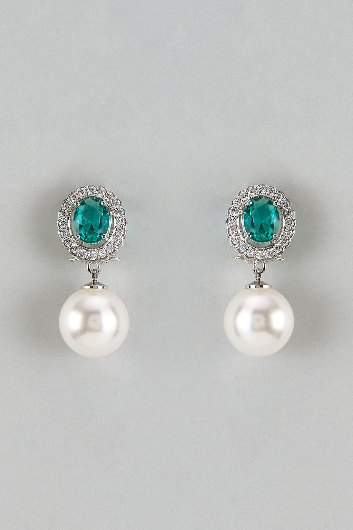 White Finish Zircon & Emerald Stone Dangler Earrings