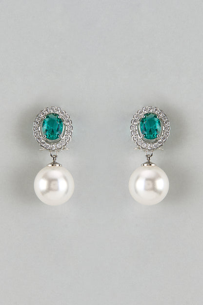 White Finish Zircon & Emerald Stone Dangler Earrings