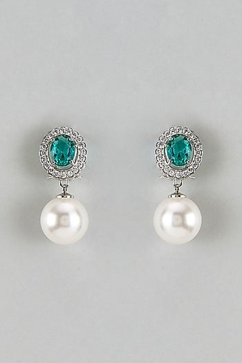 White Finish Zircon & Emerald Stone Dangler Earrings