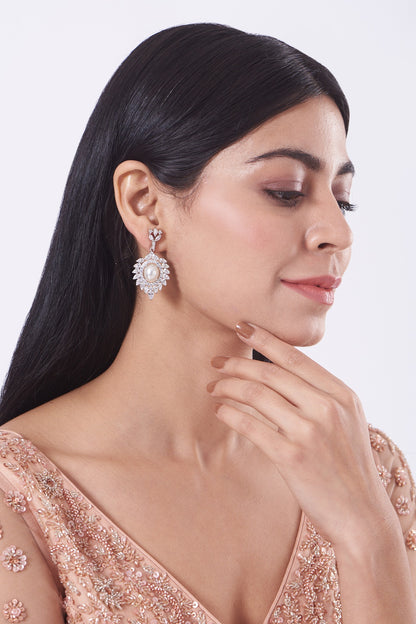 White Finish Faux Diamond & Pearl Earrings