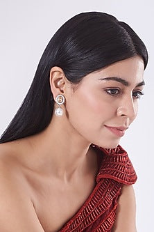 White Finish Faux Diamond & Champagne Stone Earrings With Pearl Drop