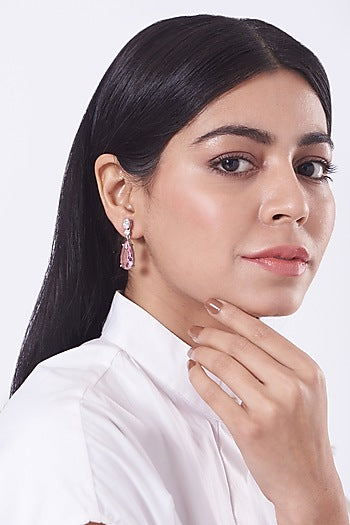 White Finish Zircon & Pink Stone Earrings