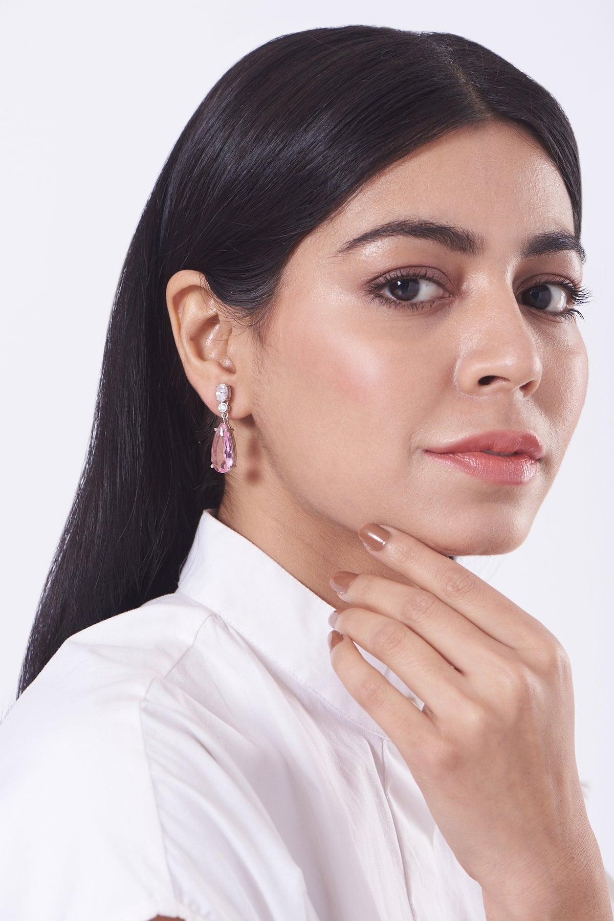 White Finish Zircon & Pink Stone Earrings