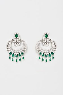 White Finish Faux Diamond & Emerald Chandbali Earrings