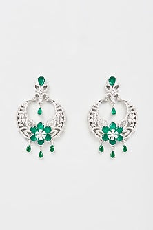 White Finish Faux Diamond & Emerald Chandbali Earrings
