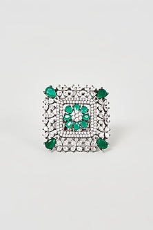 Black Rhodium Finish Faux Diamond & Emerald Ring