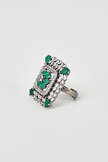 Black Rhodium Finish Faux Diamond & Emerald Ring