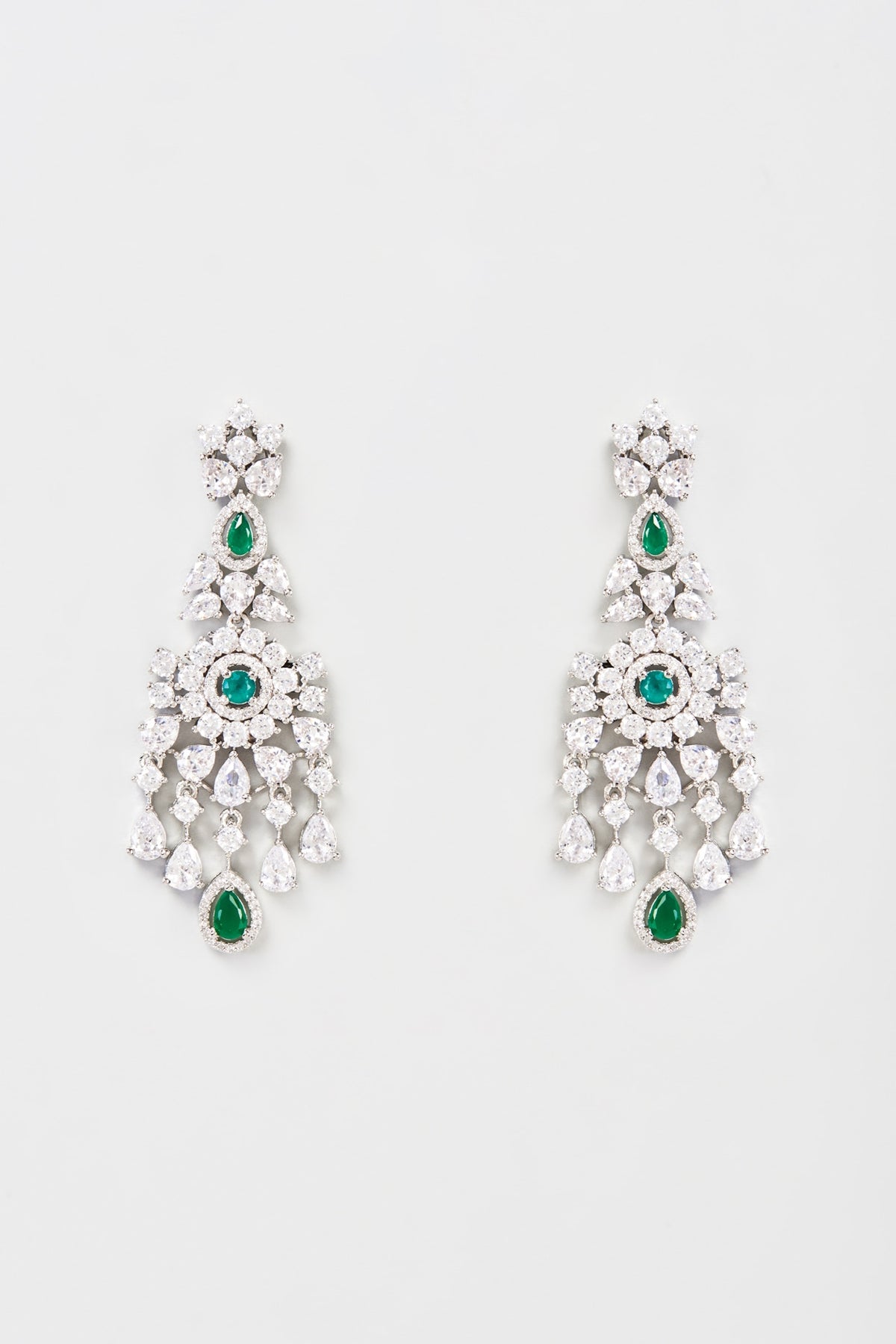 White Finish Faux Diamond & Emerald Dangler Earrings