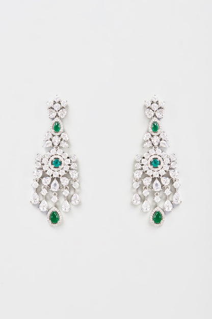 White Finish Faux Diamond & Emerald Dangler Earrings