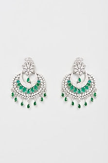 White Finish Faux Diamond & Emerald Chandbali Earrings