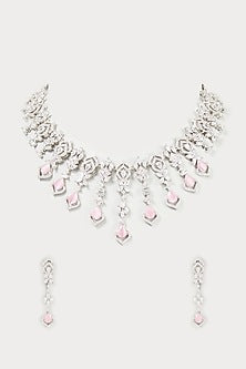 White Finish Faux Diamond & Pink Synthetic Stone Necklace Set