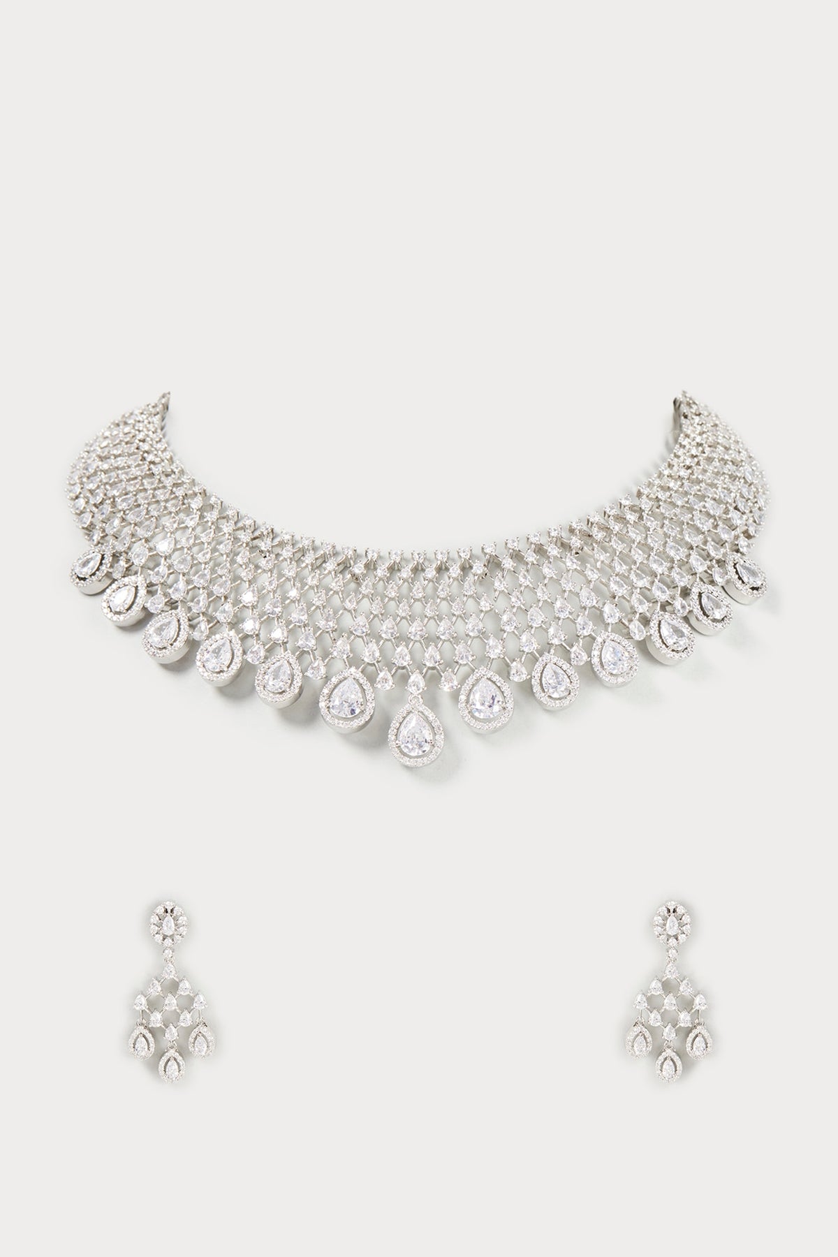 White Finish Faux Diamond Choker Necklace Set
