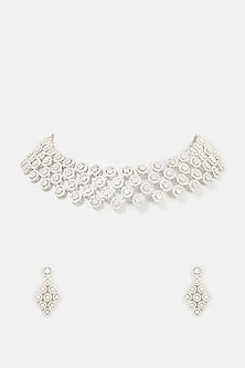 White Finish Faux Diamond Choker Necklace Set