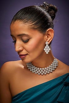 White Finish Faux Diamond Choker Necklace Set