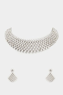 White Finish Faux Diamond Choker Necklace Set