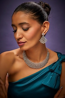 White Finish Faux Diamond Choker Necklace Set