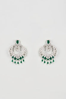 White Finish Faux Diamond & Green Stone Dangler Earrings